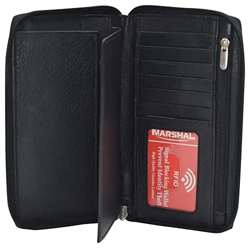 RFID Blocking Genuine Leather Long Bifold Zipper Checkbook Cover Wallet