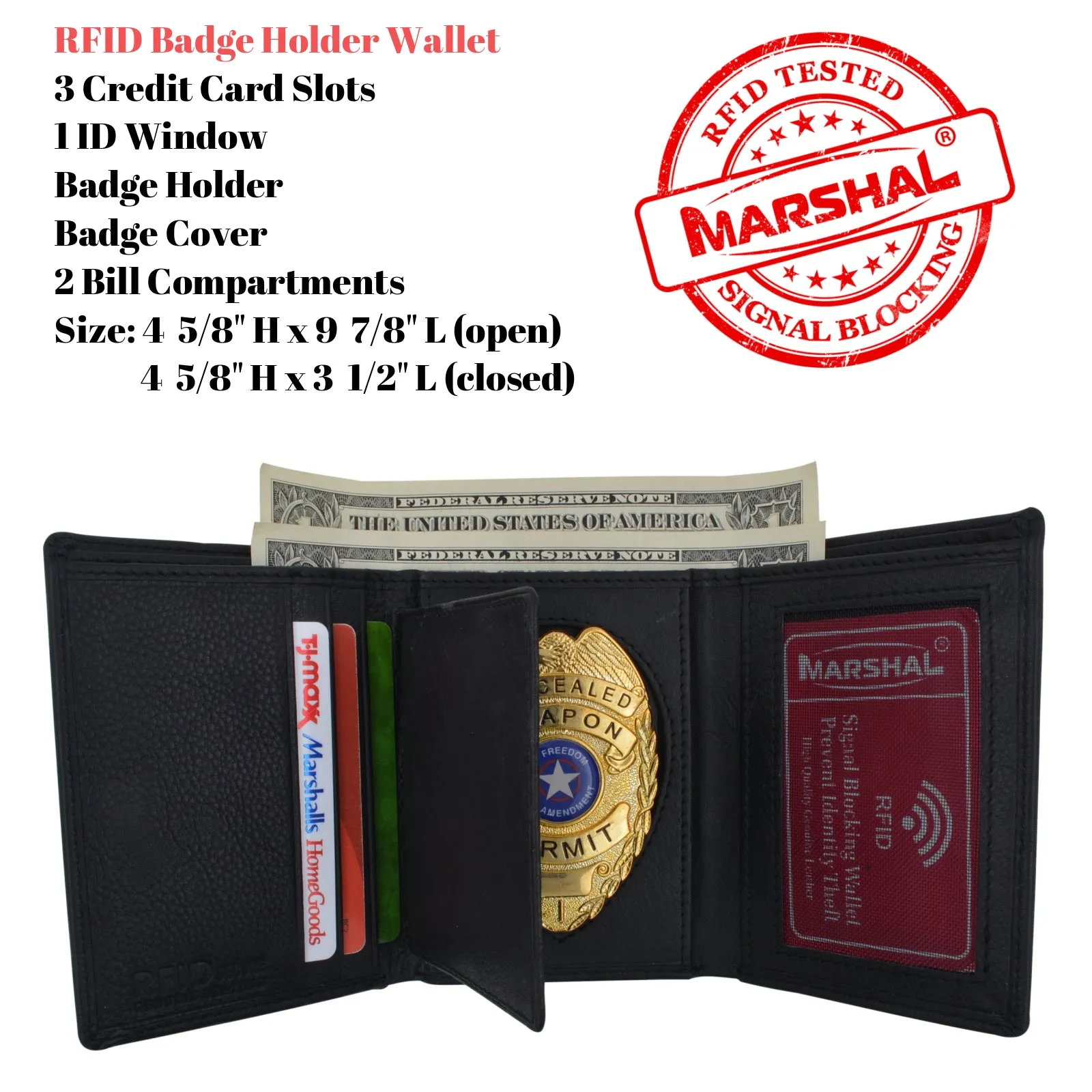 RFID LEATHER BADGE ID HOLDER 'SHIELD' SHAPE TRIFOLD WALLET BLACK VERY RARE WALLET