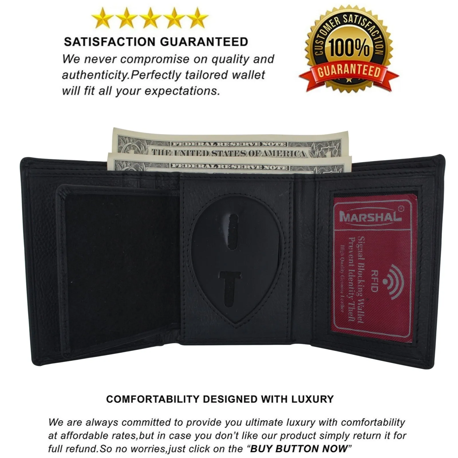 RFID LEATHER BADGE ID HOLDER 'SHIELD' SHAPE TRIFOLD WALLET BLACK VERY RARE WALLET