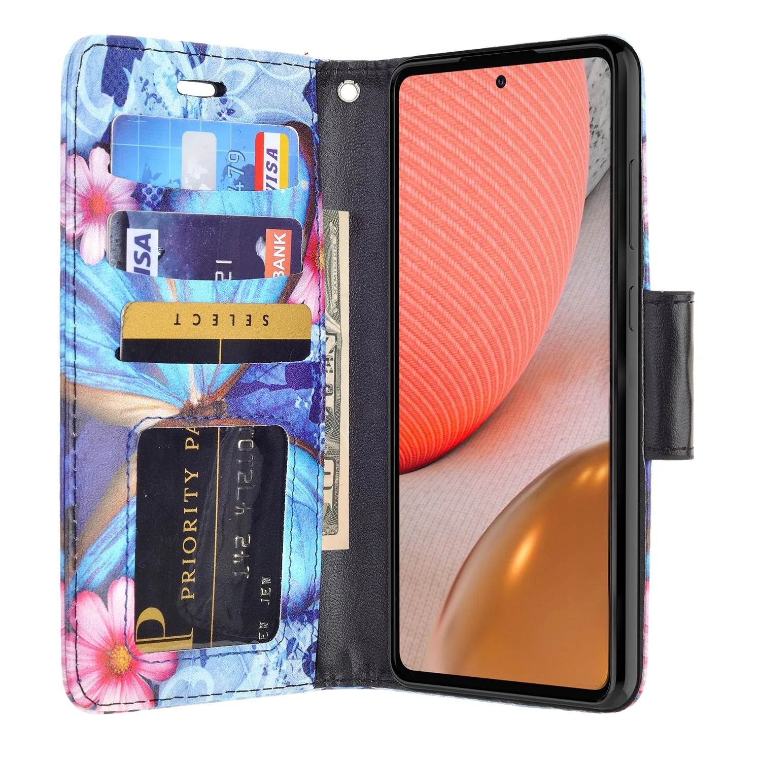 Samsung Galaxy A02s Case, Galaxy A02s Wallet Case, Wrist Strap Pu Leather Wallet Case [Kickstand] with ID & Credit Card Slots - Blue Butterfly