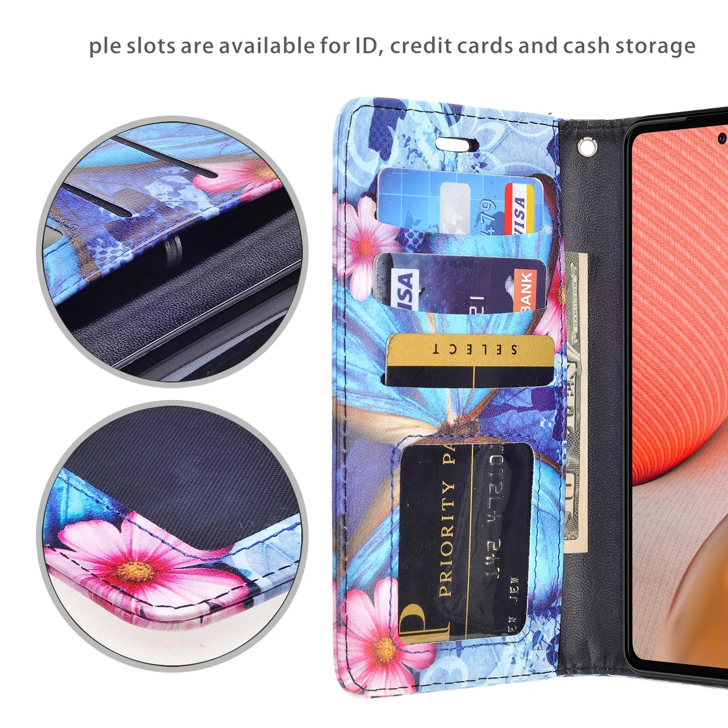 Samsung Galaxy A02s Case, Galaxy A02s Wallet Case, Wrist Strap Pu Leather Wallet Case [Kickstand] with ID & Credit Card Slots - Blue Butterfly