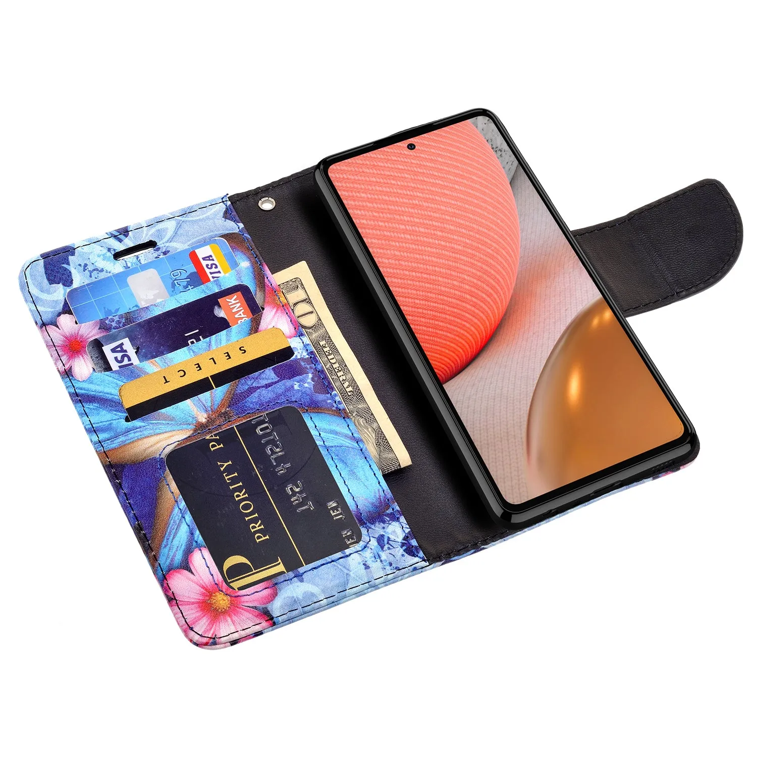 Samsung Galaxy A02s Case, Galaxy A02s Wallet Case, Wrist Strap Pu Leather Wallet Case [Kickstand] with ID & Credit Card Slots - Blue Butterfly