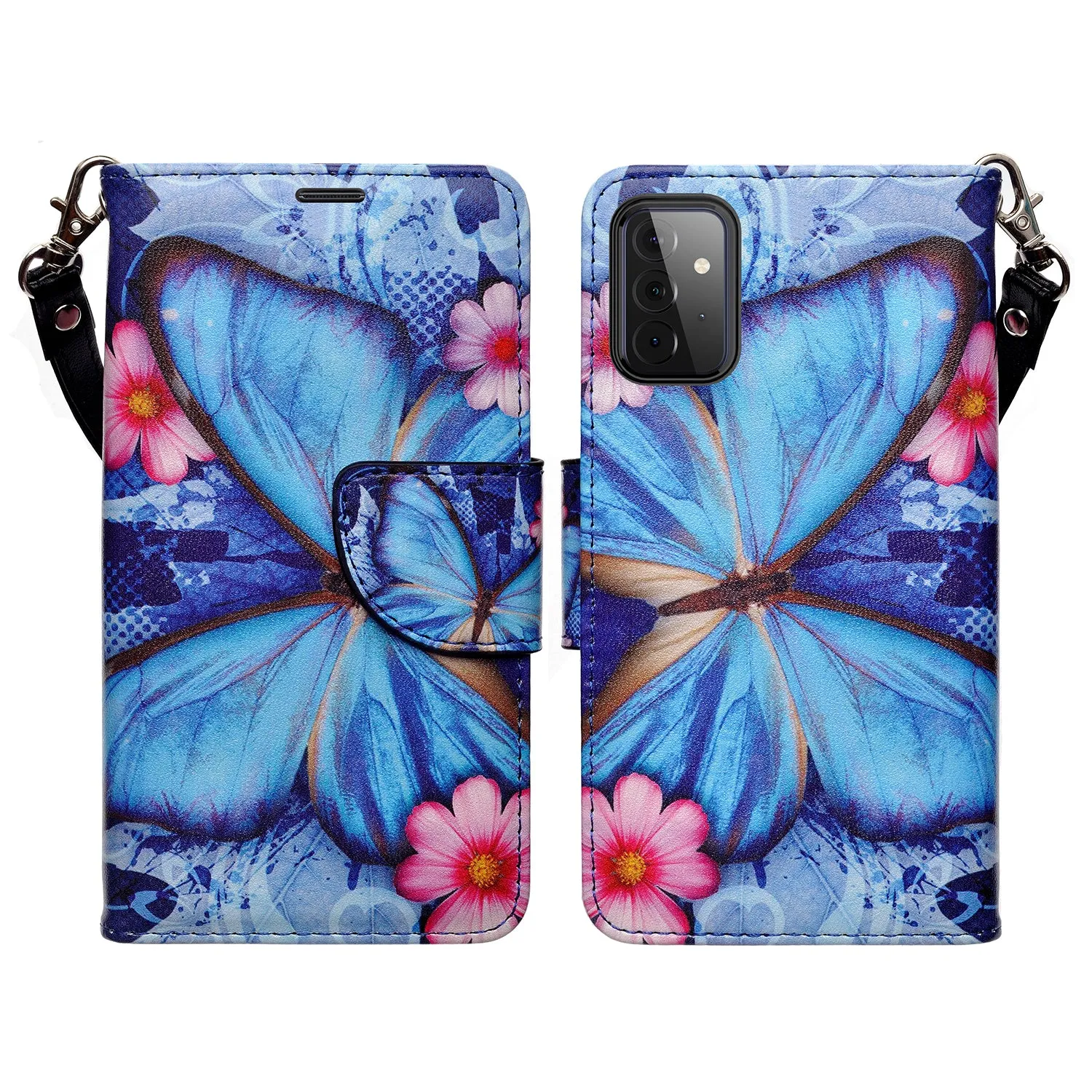 Samsung Galaxy A02s Case, Galaxy A02s Wallet Case, Wrist Strap Pu Leather Wallet Case [Kickstand] with ID & Credit Card Slots - Blue Butterfly