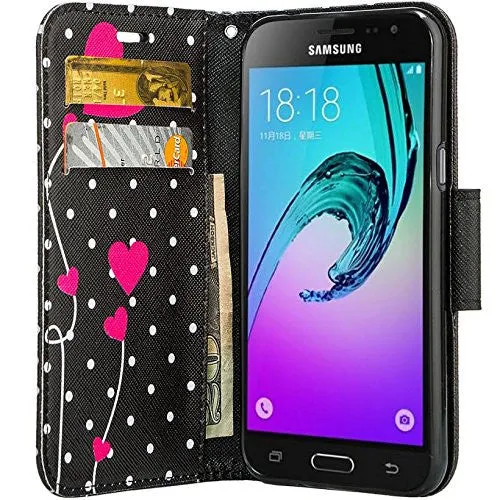 Samsung Galaxy J3 Case, J3V Case | Galaxy Express Prime Case | Galaxy Sky Case | Amp Prime Case | Galaxy Sol Wrist Strap Pu Leather Magnetic Fold Wallet Case with ID & Card Slots - Polka Dot Hearts