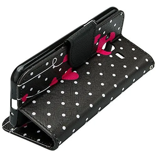 Samsung Galaxy J3 Case, J3V Case | Galaxy Express Prime Case | Galaxy Sky Case | Amp Prime Case | Galaxy Sol Wrist Strap Pu Leather Magnetic Fold Wallet Case with ID & Card Slots - Polka Dot Hearts