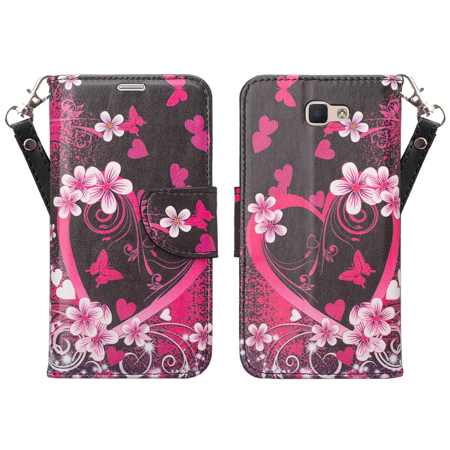Samsung Galaxy J7 Prime 2016, G610, Galaxy On7 Case, Wrist Strap Pu Leather Magnetic Flip [Kickstand] with Slots - Heart Butterflies