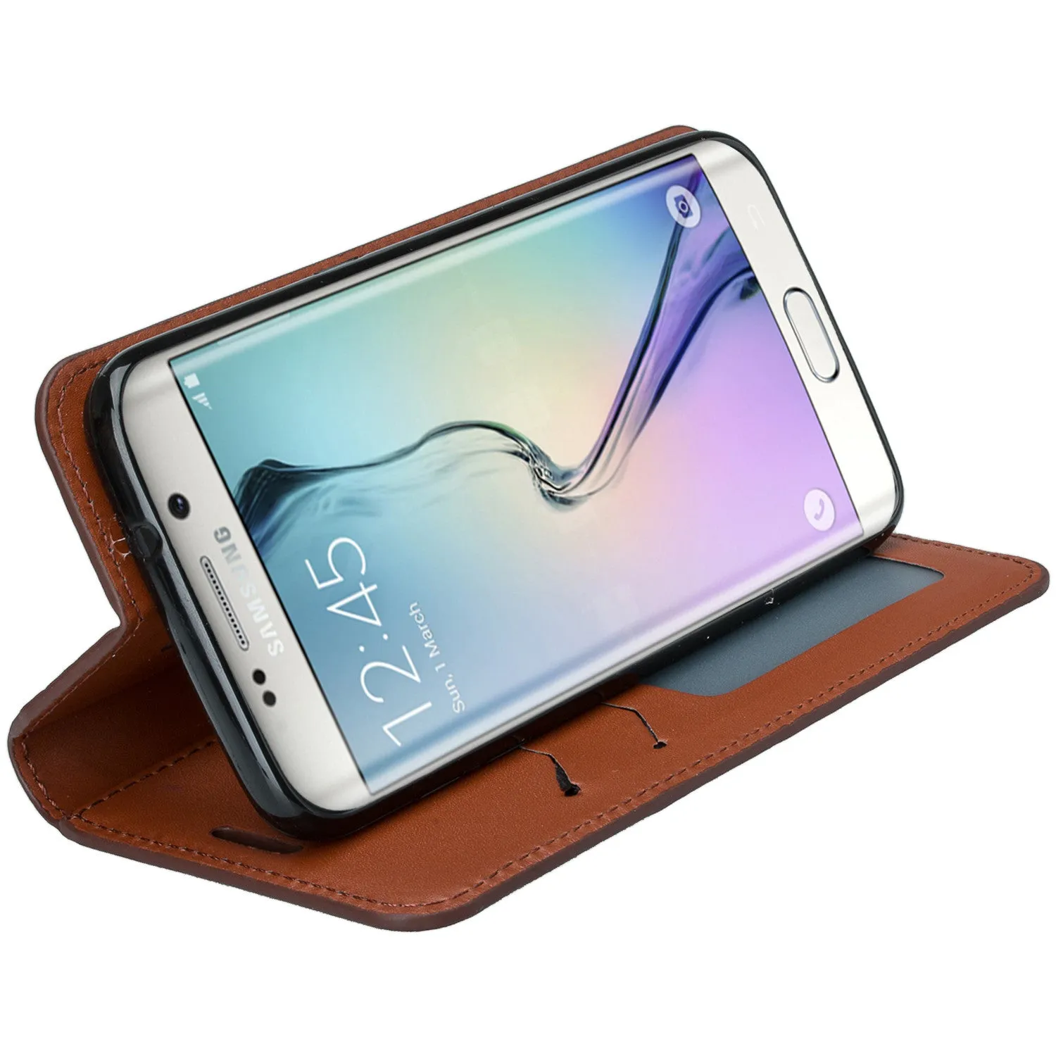 Samsung Galaxy S7 Edge Genuine Leather Case, Magnetic Flip Fold[Kickstand] with ID & Card Slots for Galaxy S7 Edge - Brown