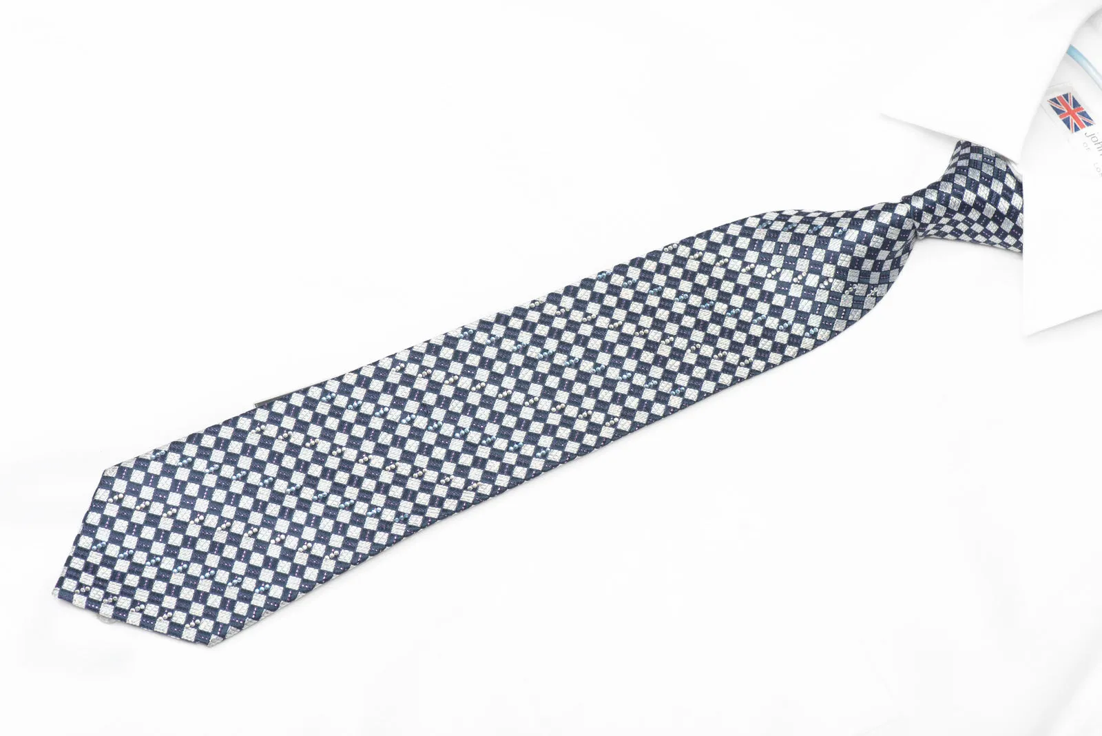 Silver Navy Checkered Rhinestone Silk Necktie With Silver Sparkles
