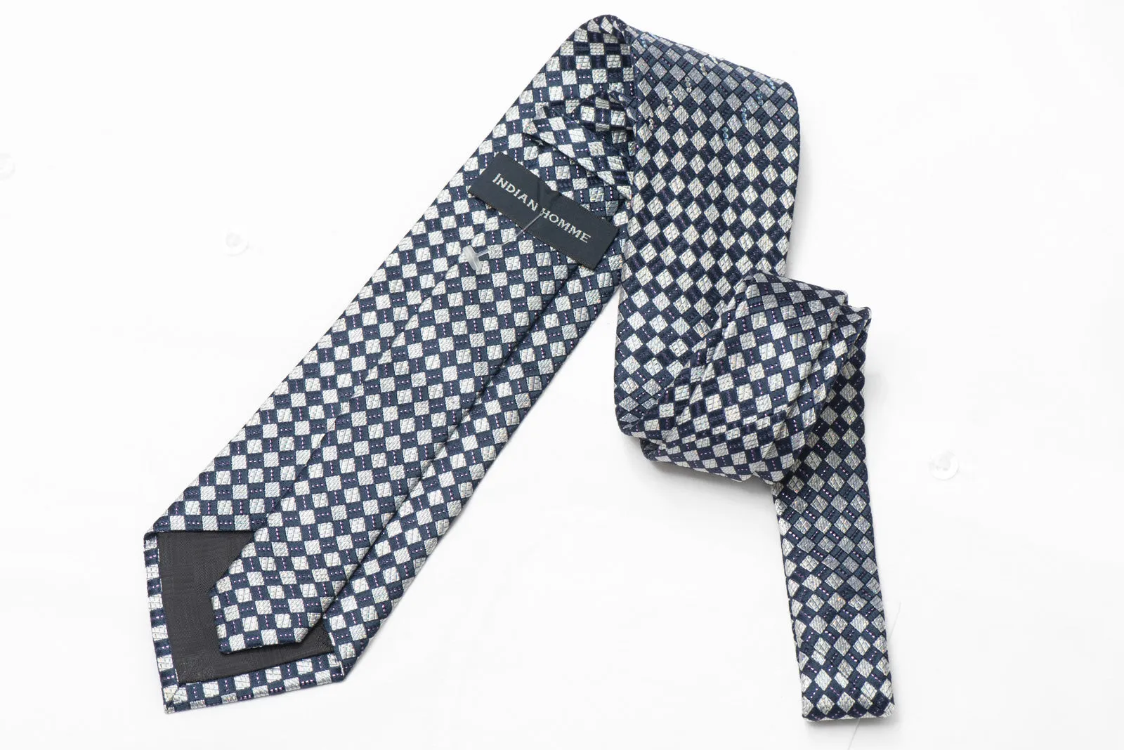 Silver Navy Checkered Rhinestone Silk Necktie With Silver Sparkles
