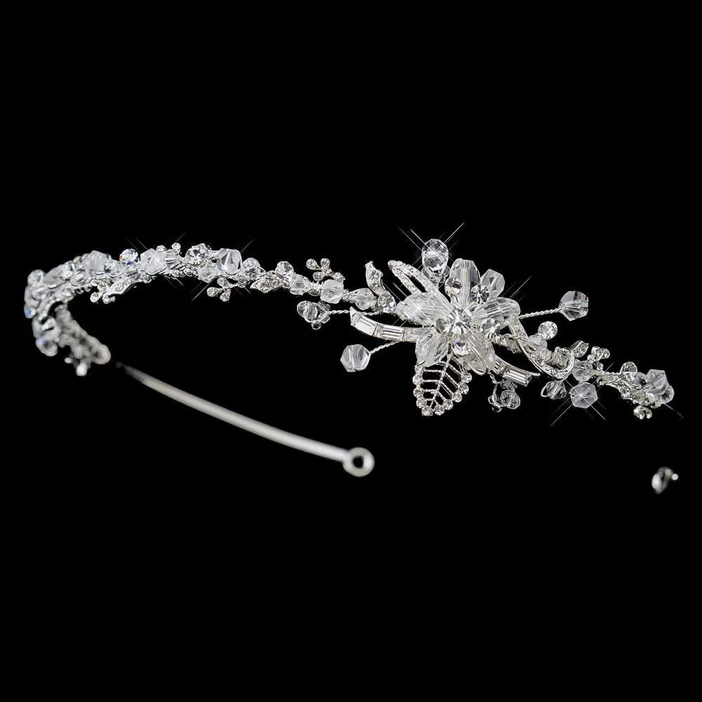 Silver Swarovski Crystal Floral Leaf Side Accented Headpiece