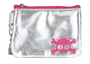 Silver Zip Top Purse With Pink Embroidered Skull