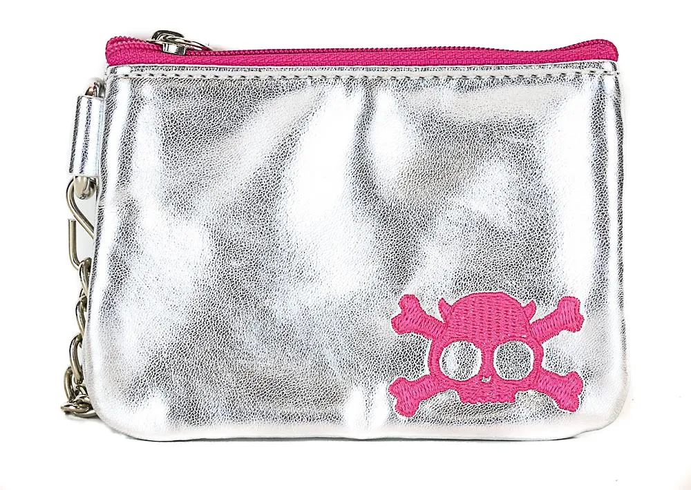 Silver Zip Top Purse With Pink Embroidered Skull