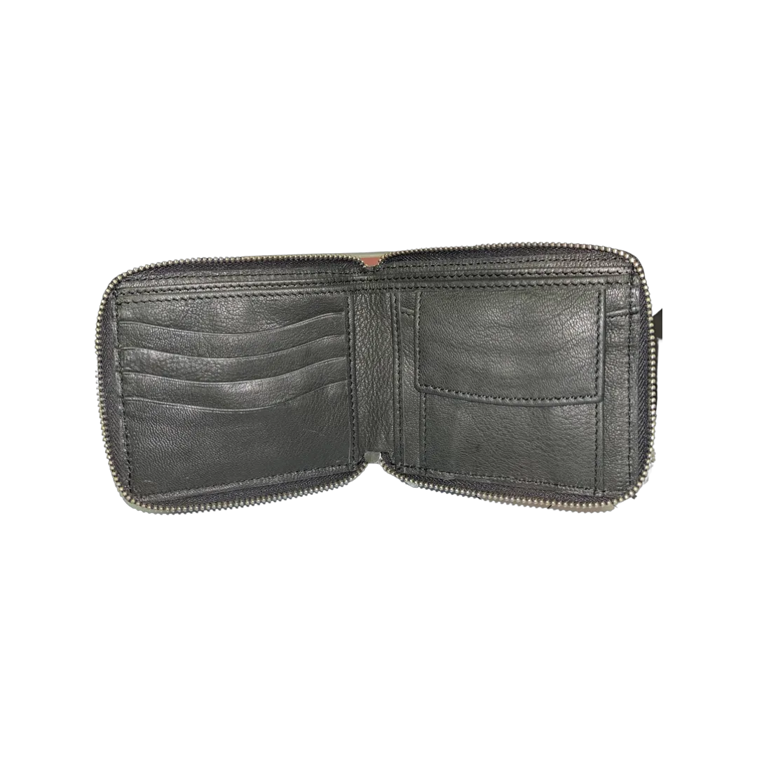 Small Cowhide Zippered Unisex Wallet - Black / White