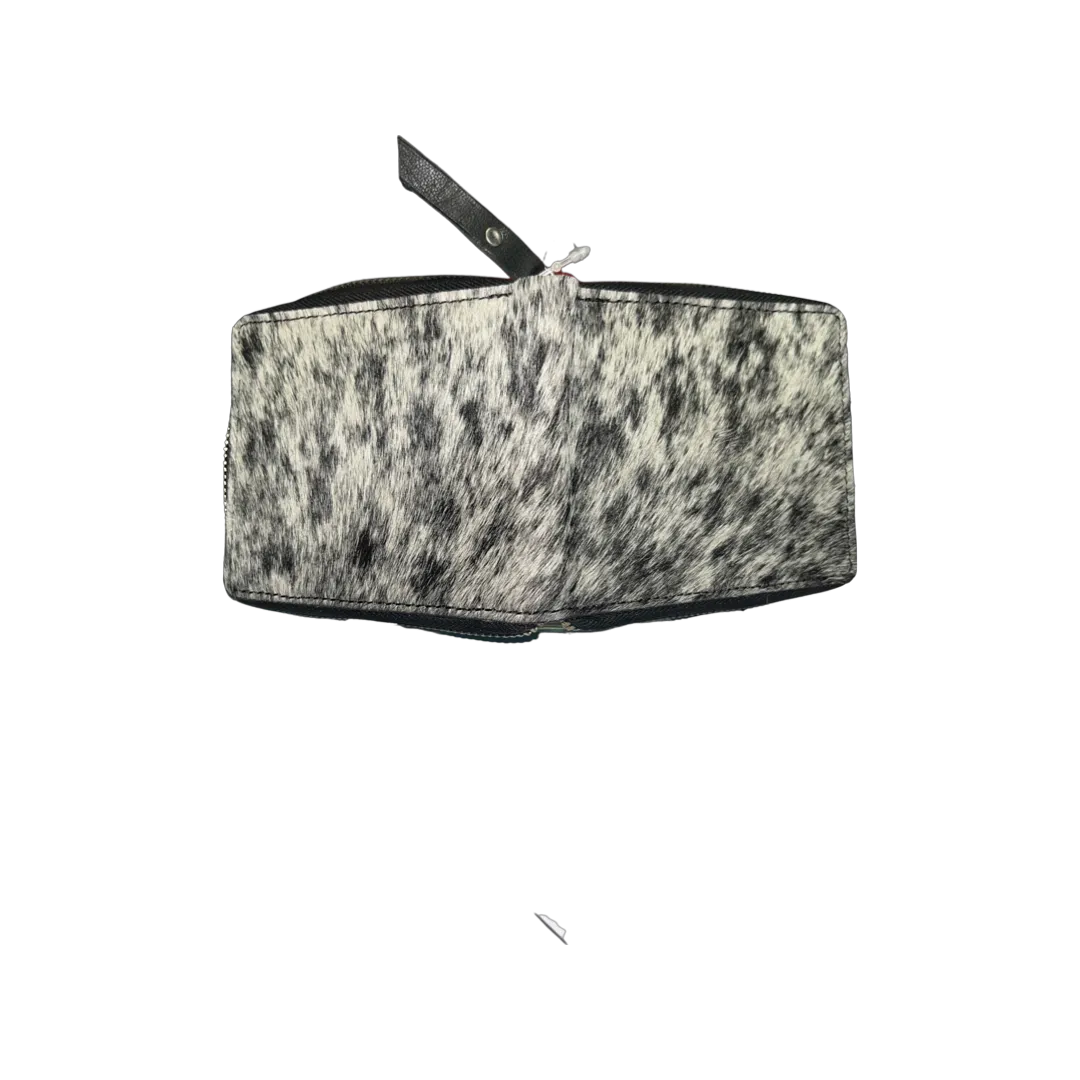 Small Cowhide Zippered Unisex Wallet - Black / White