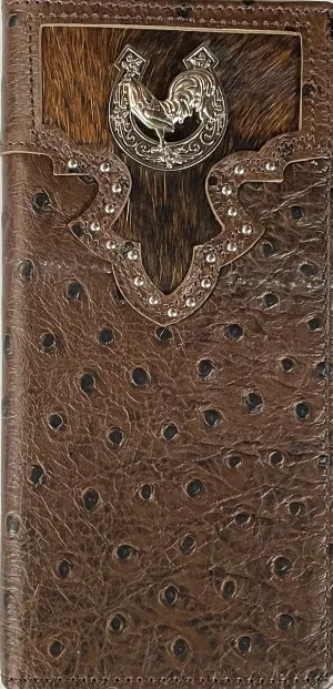 Top Notch Accessories 122CF Coffee Full Quill Ostrich Print With Rooster Concho Wallet