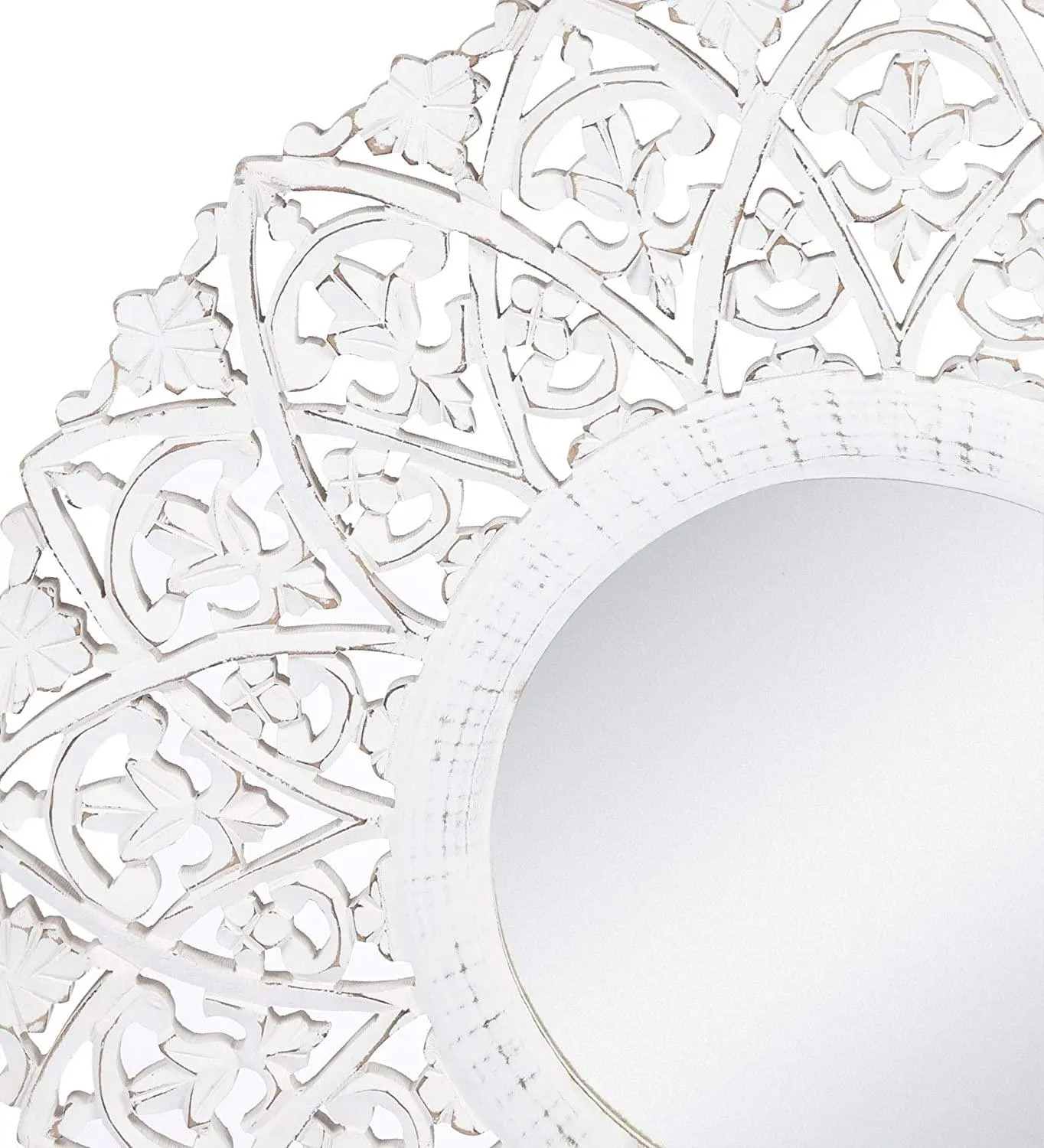 Wood Hand Crafted Round Distressed White Finished Vanity Wall Mount Mirror  27X27 Inches, Framed
