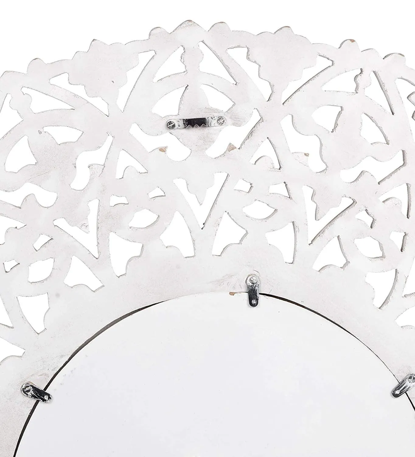 Wood Hand Crafted Round Distressed White Finished Vanity Wall Mount Mirror  27X27 Inches, Framed