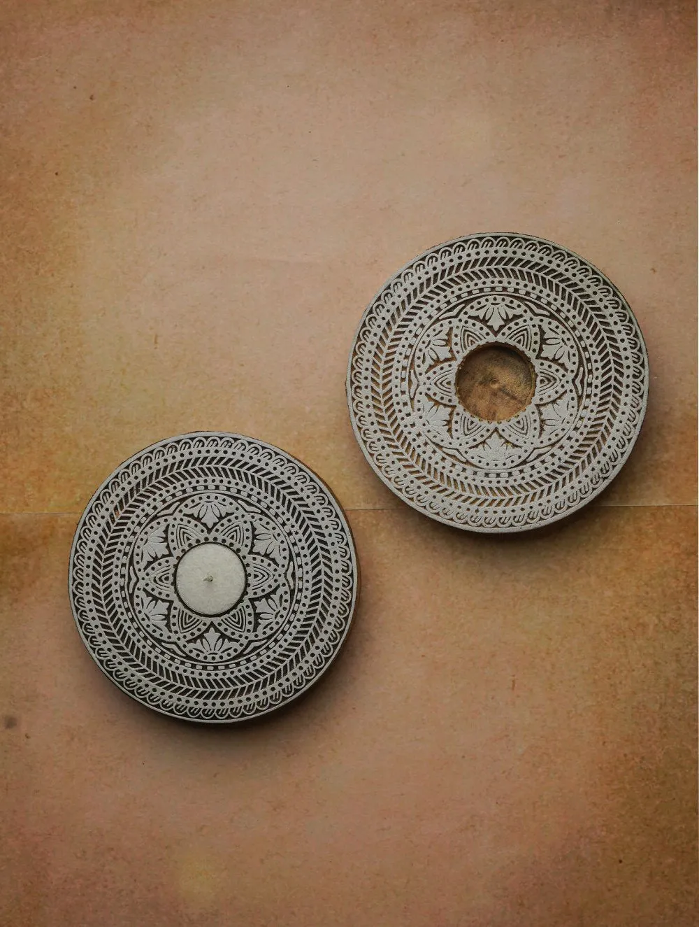 Wooden Engraved Tealight Holders - (Set of 2) Mandala