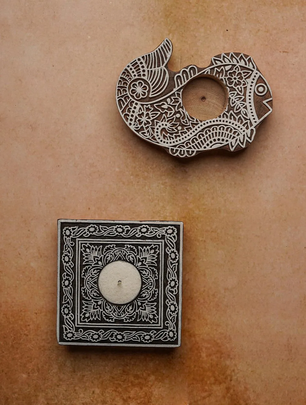 Wooden Engraved Tealight Holders - (Set of 2) Matsya and Vargakara