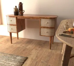 Wooden Twist Decoy Curve Rattan Rosewood Study Table with 4 Drawers Vintage Style Writing Desk for Home Office