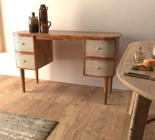 Wooden Twist Decoy Curve Rattan Rosewood Study Table with 4 Drawers Vintage Style Writing Desk for Home Office