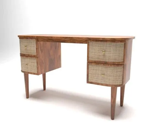 Wooden Twist Decoy Curve Rattan Rosewood Study Table with 4 Drawers Vintage Style Writing Desk for Home Office
