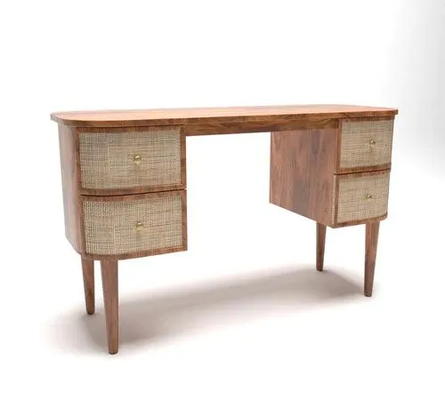 Wooden Twist Decoy Curve Rattan Rosewood Study Table with 4 Drawers Vintage Style Writing Desk for Home Office