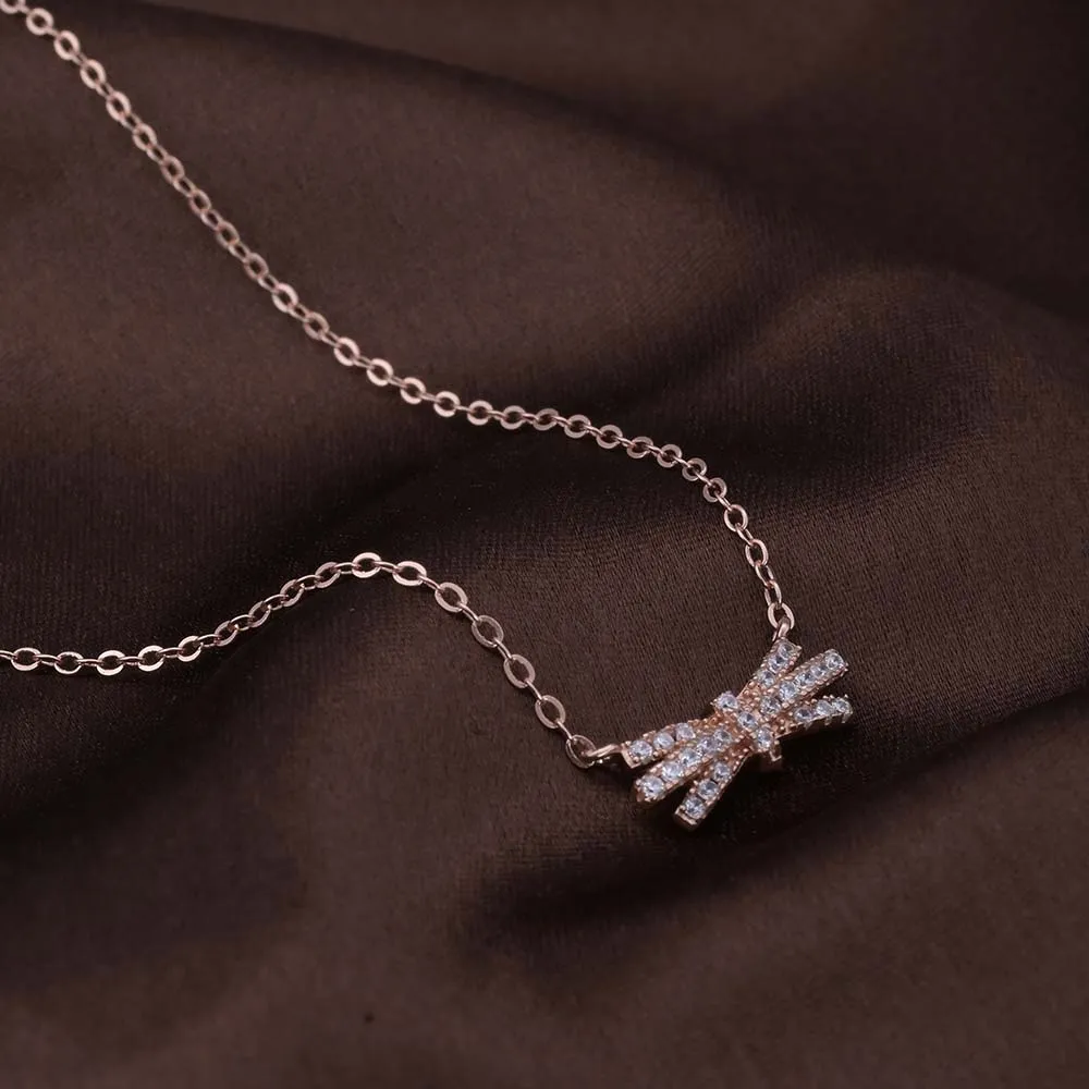 Zircon-Studded Bow Necklace | Rose Gold